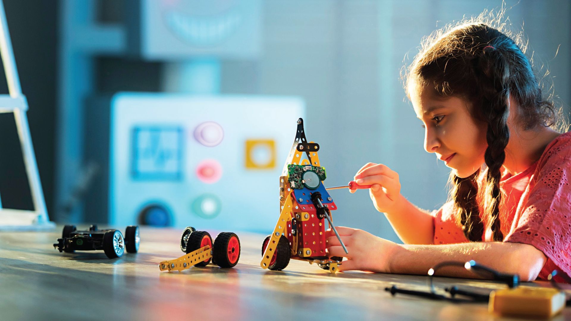 একটি শিশু টেবিলে সরঞ্জাম ও খেলনার যন্ত্রাংশ দিয়ে একটি ছোট রোবট কিট তৈরি করছে।